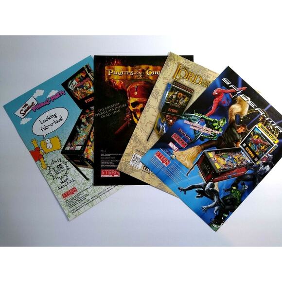 Pinball Flyers (4) Lord Of The Ring Simpsons Pirates Of The Caribbean Spiderman - Picture 1 of 2